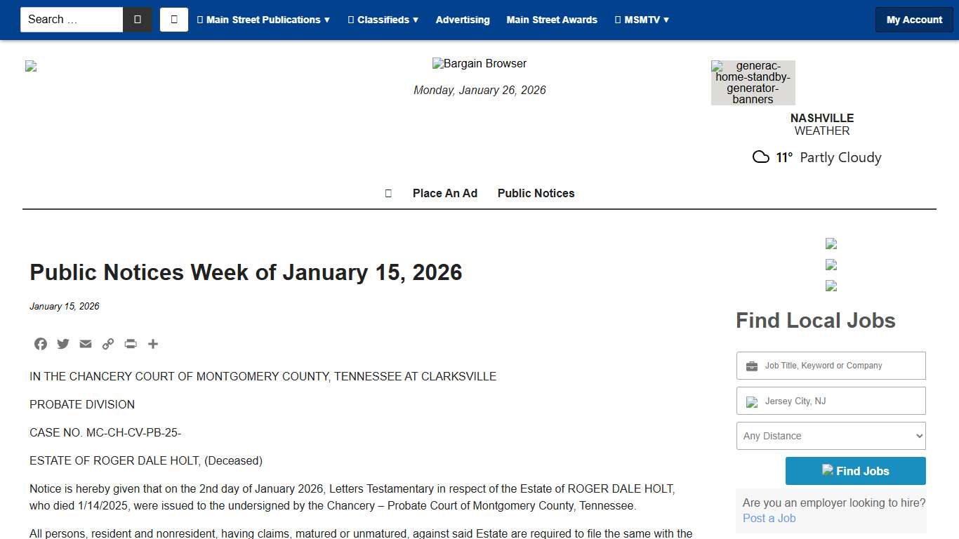 Public Notices Week of January 15, 2026 - Main Street Media of Tennessee